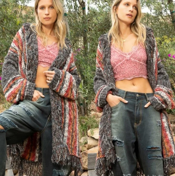 POL Belted Fringe Cardigan Sweater sz med - Picture 6 of 7